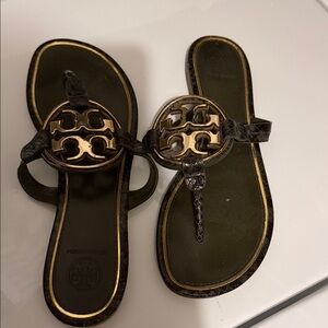 Tory Burch Black and Gold Thong Sandals